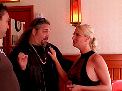 Hot blonde hooker in black latex boots fucks a client