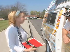 Cutie joins the ice cream man in his van for a good fucking