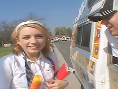 Cutie joins the ice cream man in his van for a good fucking