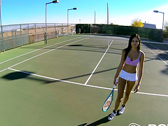 Well-hung muscular stallion fucks a petite brunette looker