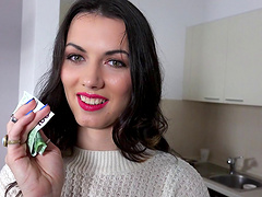 Slut in a sweater paid to strip and bend over a table for dick