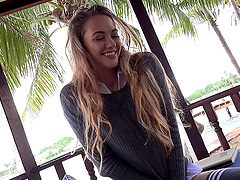 Pretty girlfriend in the backyard has great sex with a big dick guy