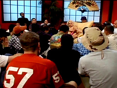 Nasty blonde whore Cindy Crawford sucks lot of cocks and eats cum