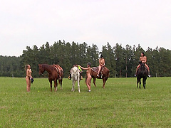 Kinky lesbian friends take off their clothes to have outdoors group sex