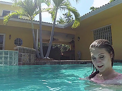Cute chick goes for a swim and fucks him poolside