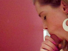 Skinny babe with huge tits goes up and down on the meaty pole