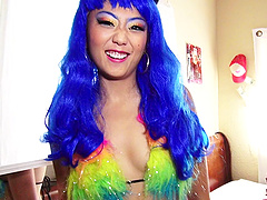 Blue-haired chick in kinky lingerie enjoys the vaginal penetration