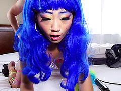 Blue-haired chick in kinky lingerie enjoys the vaginal penetration