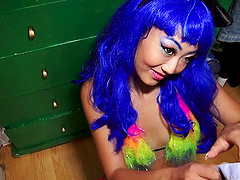 Blue-haired chick in kinky lingerie enjoys the vaginal penetration