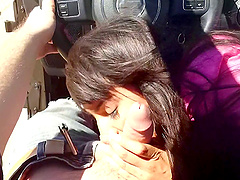 Parking his jeep in the sand and fucking the big tits babe