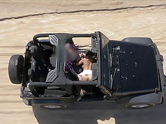 Parking his jeep in the sand and fucking the big tits babe