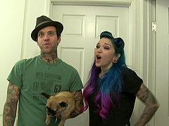 Tattooed ladies adore playing with a massive purple toy