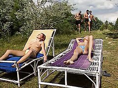 Three Cocks Give a Bukkake To a Sunbathing Blonde after DP