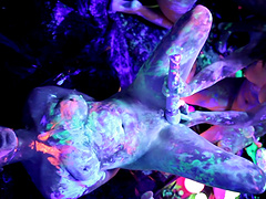 Black light lesbian orgy party with sexy body paint