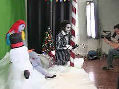 Sexy chick in a scary costume revealing her trimmed twat