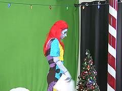 Sexy chick in a scary costume revealing her trimmed twat