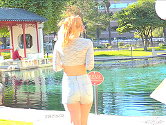 Smutty blonde caresses her itchy boobs outdoors ahead of a steamy fingering