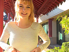 Smutty blonde caresses her itchy boobs outdoors ahead of a steamy fingering