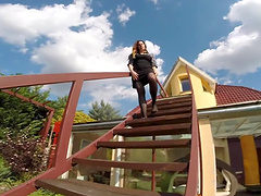 Milf out in her backyard strips and pleasures her pussy