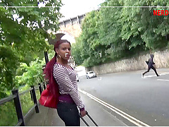 Interracial fucking on the bed between ebony Roxi and a lucky guy