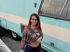 Slut convinced to climb into the RV and fuck the guy