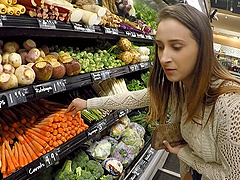 Shopping for veggies to fuck with a chick in a cardigan