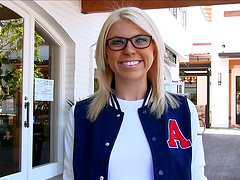 Nerdy blonde reveals to be a wild mare who adores the masturbation