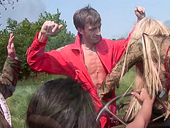 Outdoors group sex on a Jeep with stunning pornstar Alexis Silver