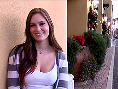 Cardigan cutie flashing her sexy big tits outdoors