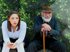 Old guy sits on a bench and watches a couple fucking in public