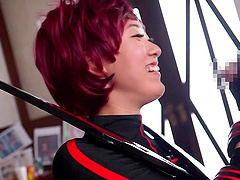 Curvy natural tits Asian babe pleasured using toy in group sex