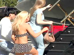 At a rock show after party three girls have a foursome with a guy