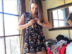 Beautiful brunette maid takes down her clothes and reveals sexy body