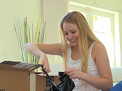 Scarlett is so happy when she sees a huge collection of kinky toys!