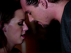 Cock fills the slender brunette babe as she moans loudly