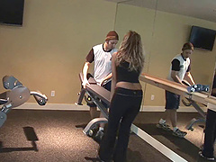 A couple works out together then fucks in their home gym