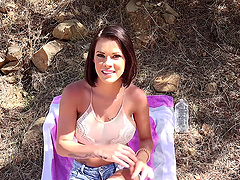 Fake titties bounce as the couple fucks in the woods