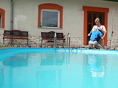 Fat white woman Diana fucked by the pool by her crazy lover