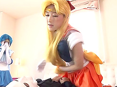 Stirring Japanese chicks in costumes having fun with their partners