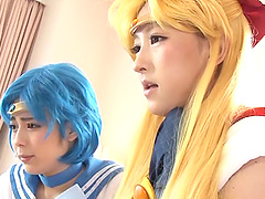 Stirring Japanese chicks in costumes having fun with their partners