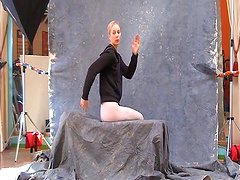 Sheer white tights hug the ass of a perky tits cutie