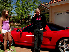 Cute babe enchanted by his hot car fucks him