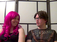 Cute chick with gorgeous big eyes goes down on a cock