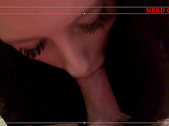 Cute chick with gorgeous big eyes goes down on a cock