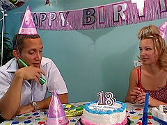 Voluptuous babe gets a meaty pecker as her birthday present