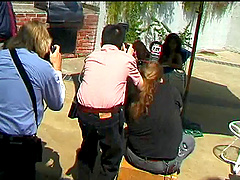 Sexy blonde with large boobs masturbates her pussy in the backyard