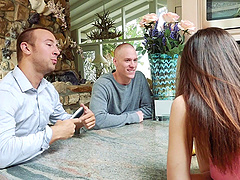 Cute girl shared by two guys that fill her mouth and pussy