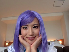 Purple-haired chick goes slutty and waits for the guy's sticky load