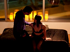 Marley takes some wax on her tits and enjoys the doggy pounding