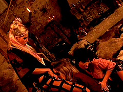 Fake tits lesbian anal drilled using toy while yelling